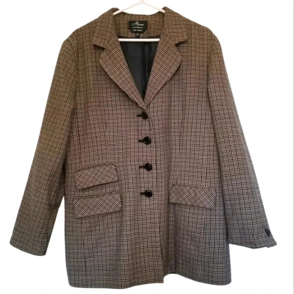 Vintage 80s Donny Brook 100% Wool Houndstooth Blazer – Black Tan Size 14 Large
